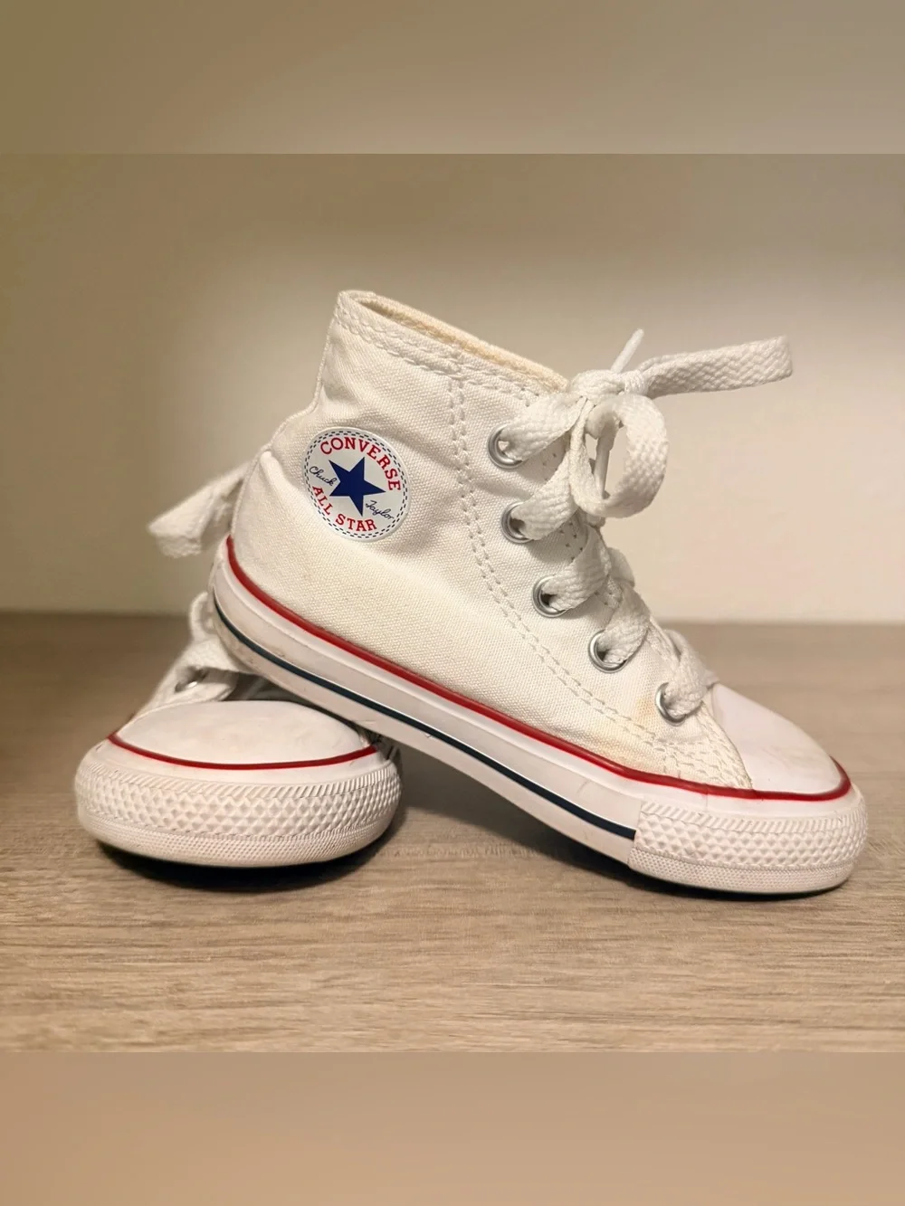 Converse White High-Top Kids Canvas Sneakers with Red & Blue Trim